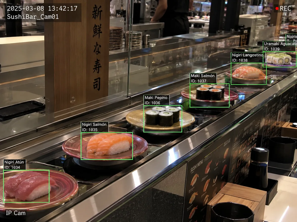 Cámara sobre una cinta de sushi: cada plato identificado con su nombre